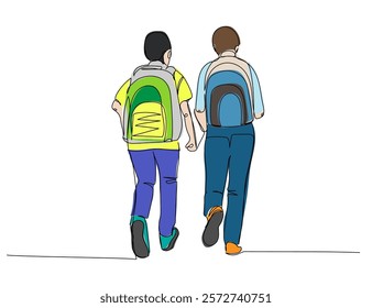 two students with backpacks going to school one line color art. Continuous line drawing of online learning, knowledge, study, school uniform, bag, education.