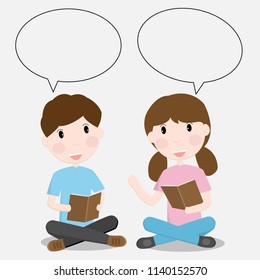 Two students boy and girl reading a book and discussion with speech bubbles.Vector illustration.