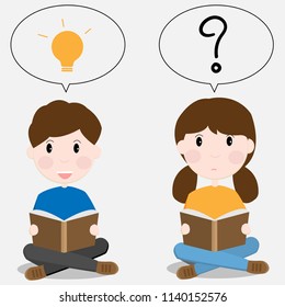 Two students boy and girl reading a book with idea bulb and question mark in speech bubbles.Vector illustration.
