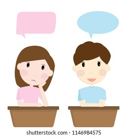 Two students boy and girl are sitting at the desk with speech bubble.Vector illustration.
