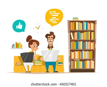 Two Students Boy Girl Sitting And Studying With Laptop In Modern Library