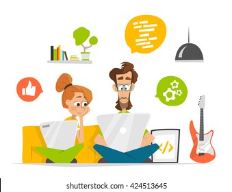 Two students characters in room with computer notebook laptop Flat web vector illustration for infographics