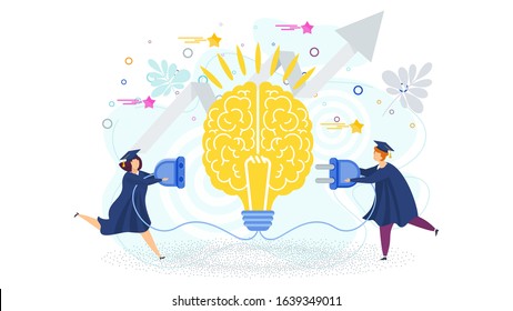 Two students are connect brain to an electrical network. Metaphor of learning, knowledge, and education. Graduation high school celebration. Idea, inspiration, and intelligence. Trendy flat vector.