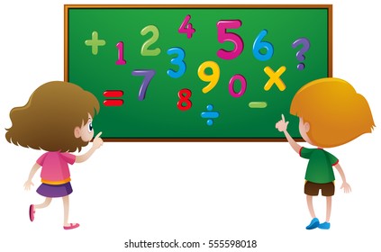 Two students counting numbers on board illustration