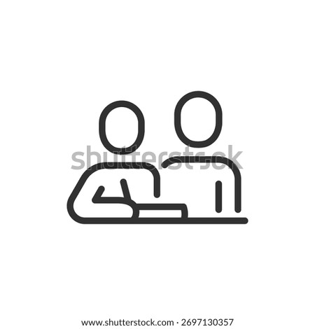 Two students at desk, linear icon. Studying together and teamwork learning. Line with editable stroke.