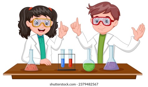 Two students do research in the laboratory. Vector illustration