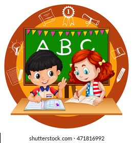 Two students doing homework illustration