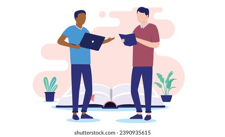 Two students doing school work - Young men with book and laptop working together on education in front of big open book. Flat design vector illustration with white background