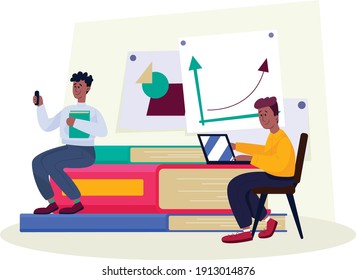 Two students educating online, books and laptop. Flat design illustration. Vector