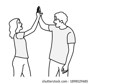 Two students giving high five. Hand drawn vector illustration.