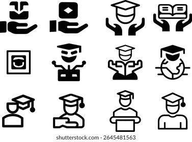 Two students interacting on a laptop screen wearing graduation caps in a flat vector illustration depicting online learning and achievement