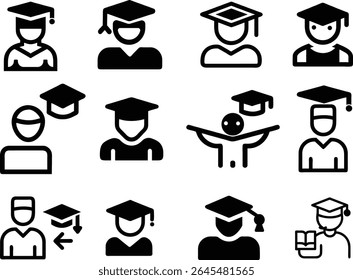 Two students interacting on a laptop screen wearing graduation caps in a flat vector illustration depicting online learning and achievement