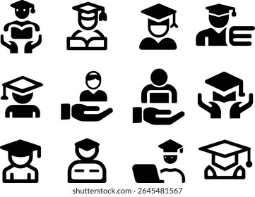 Two students interacting on a laptop screen wearing graduation caps in a flat vector illustration depicting online learning and achievement