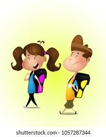 Two students with large backpacks go on a hike. Hike, camping, vacation, holidays concept. Vector