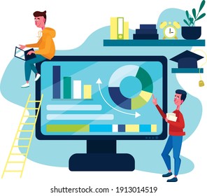 Two students learning online, computer screen with charts. Flat design illustration. Vector