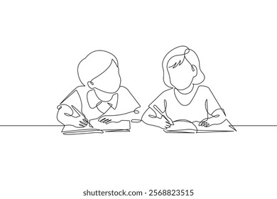 Two Students Learning Together Continuous One Line Drawing. Education Process Single Line Illustration. Learning Minimalistic Black Lines Drawing. Vector. Not AI