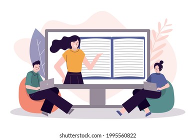 Two students listens to explanation of material from the teacher. Tutor with e-book on computer screen. Online education and distance learning. People study remotely using laptops. Vector illustration