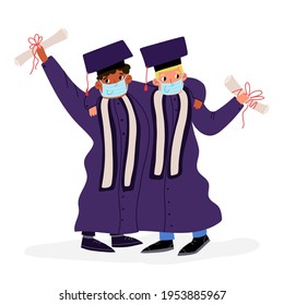 Two students in medical face masks, academic caps and gowns happily hugs and holds their diplomas. University graduation during Covid-19 pandemic.
