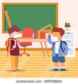 Two students are meeting again after a long time of not seeing each other because of online school for so long. Vector colorful illustration.
