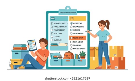 Two students organizing bedding and supplies on a dorm essentials checklist board in flat design vector illustration ideal for college shopping content.