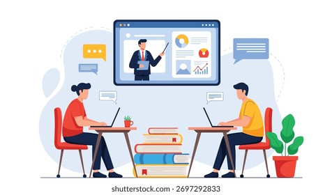 Dois alunos participam de uma aula on-line com um professor em uma tela de laptop.