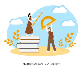 Two students with a protractor and a pencil are standing on books. The concept of learning, the development of new knowledge and student life