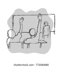 two students raising their hands in class for an answer vector illustration sketch hand drawn with black lines isolated on white background