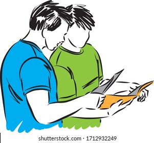 Two students reading together vector illustration