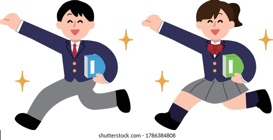 Two students running with a smile in one hand with a book
