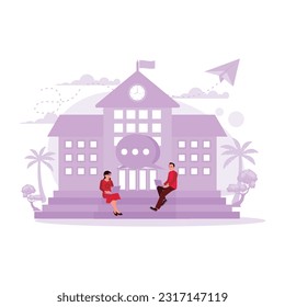 Two students sat and worked on assignments on laptops in front of the university's main building. Trend Modern vector flat illustration.