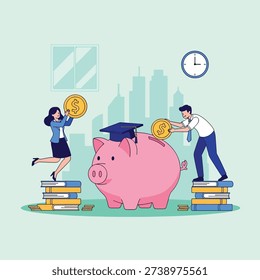 Two students are saving money in a large piggy bank with a graduation cap, symbolizing educational savings and future investment.