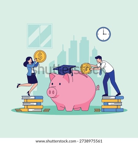Two students are saving money in a large piggy bank with a graduation cap, symbolizing educational savings and future investment.