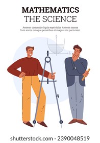Two students or scientists with huge compass mathematician and geometric tool. Mathematics the science vector poster. Precision divider and ruler for measurement illustration