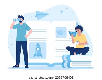 two students search for and read information trending concept flat illustration
