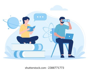 two students search for and read information trending concept flat illustration