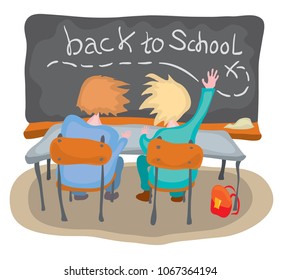 two students sit at a desk on the background of a board with a card / how to go back to school