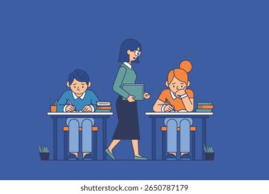 two students sitting at desks, focusing on an exam, and one teacher walking between them