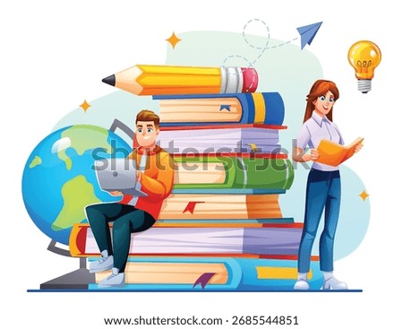 Two students sitting and standing next to a world globe and a stack of books reading and working on a laptop. Concept of global education. Vector cartoon illustration