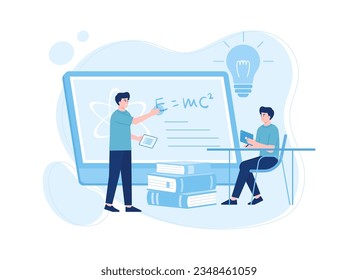 Two students sitting at table with laptop and pile of books trending concept flat illustration