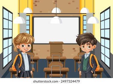 Two students standing in a classroom