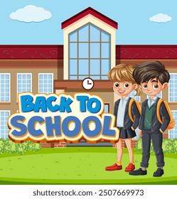Two students standing in front of school