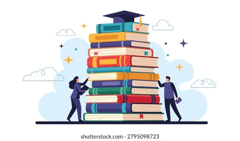 Two students standing next to a massive stack of colorful books topped with a graduation cap symbolizing higher education.