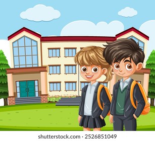 Dos estudiantes parados afuera de un edificio de la escuela