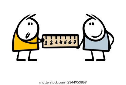Two students stickmen measure the length in a geometry or math lesson. Vector illustration of a group of people at work. Isolated character on white background.