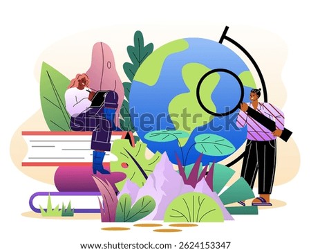 Two students studying near a globe with books, plants, and a magnifying glass on an abstract nature background. Concept of education and environment. Vector illustration
