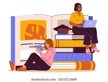 Two students studying using books and a laptop, cartoon style, on a white background. Concept of education, e-learning, and academic knowledge. Vector illustration