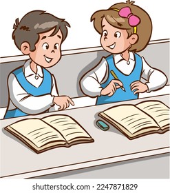 two students talking in class cartoon vector illustration