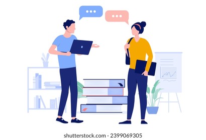 Dos estudiantes hablando - hombre y mujer conversando sobre educación y curso, parados con computadoras en la mano y burbujas de voz. Ilustración vectorial de diseño plano con fondo blanco