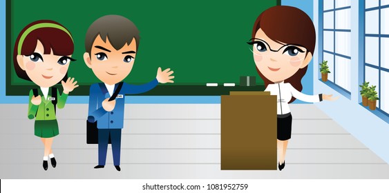 Two students and a teacher standing in a classroom and waving hands
