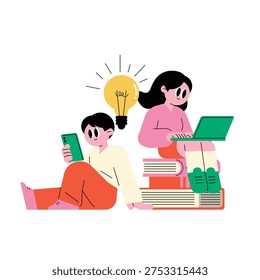Two students using a laptop and a smartphone while sitting on a stack of books with a glowing light bulb, representing digital education, team collaboration, brainstorming and modern learning technology in a flat illustration.